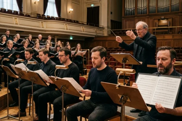 Choir rehearsing silentium voice bass score with bass singers reading sheet music in a dramatic classical music hall setting.