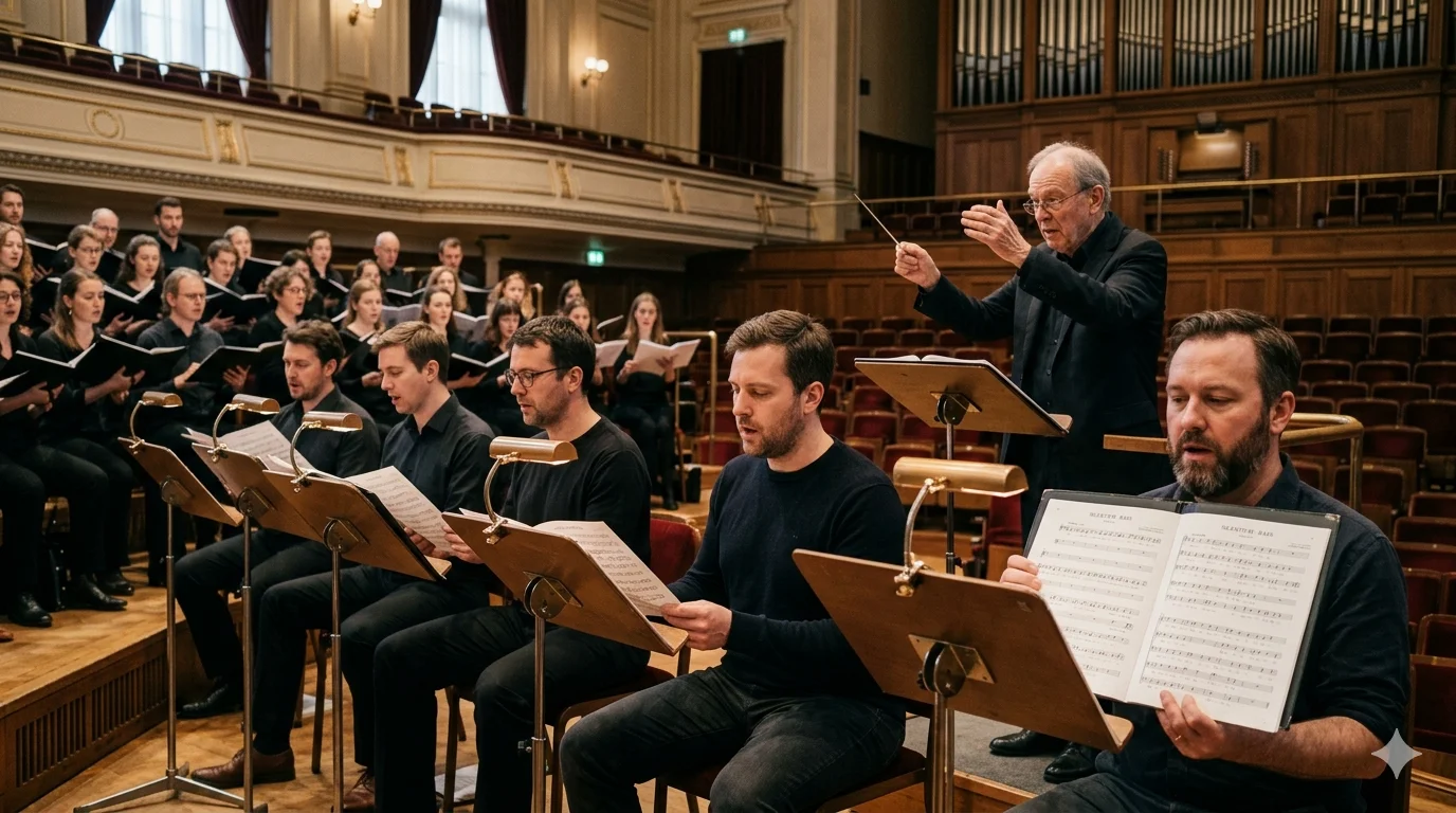 Choir rehearsing silentium voice bass score with bass singers reading sheet music in a dramatic classical music hall setting.