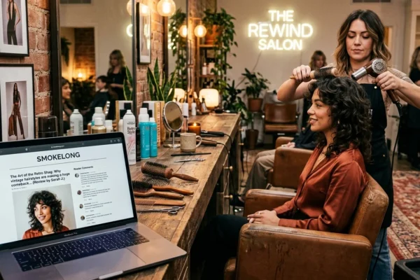 smokelong.com review showing retro hair styling inspiration in a modern salon with vintage beauty aesthetics