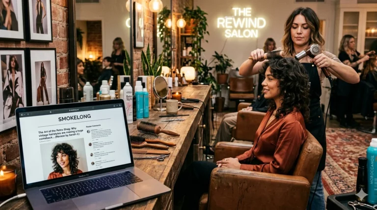 smokelong.com review showing retro hair styling inspiration in a modern salon with vintage beauty aesthetics