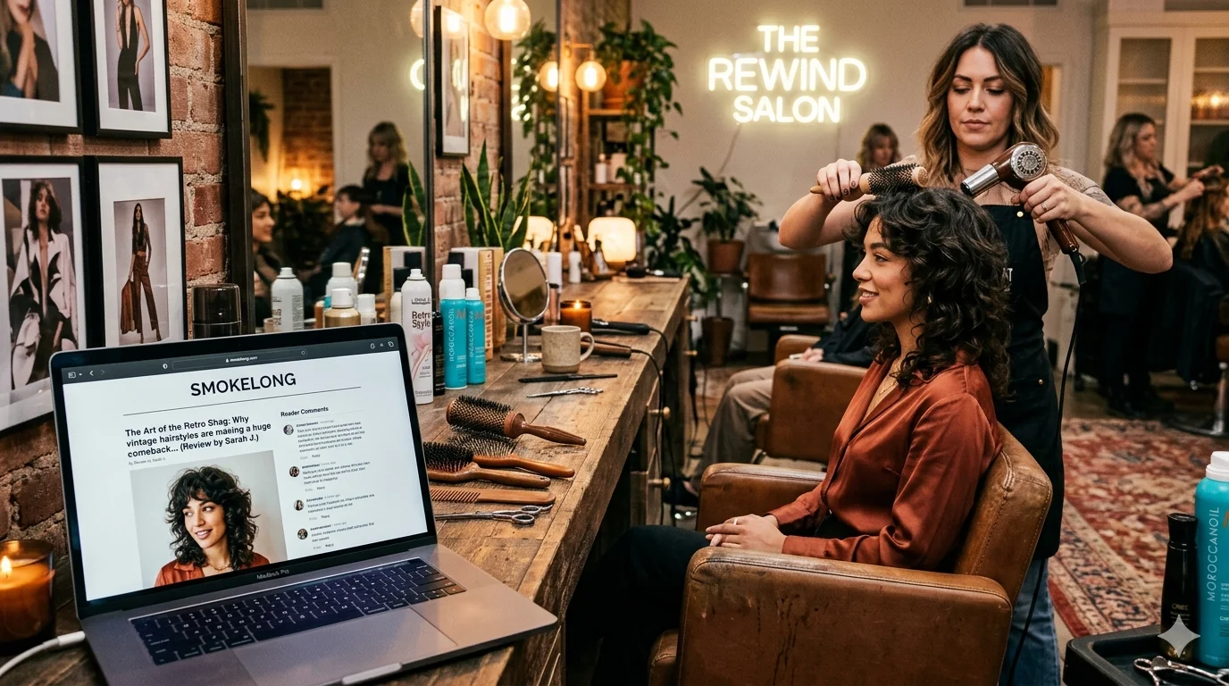 smokelong.com review showing retro hair styling inspiration in a modern salon with vintage beauty aesthetics