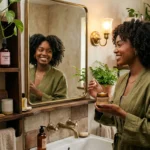 Woman styling healthy natural curls during a sofnfreenaturals.comReview inspired retro hair care routine