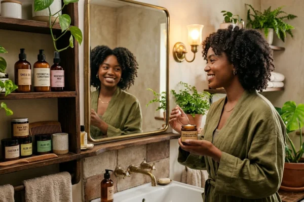 Woman styling healthy natural curls during a sofnfreenaturals.comReview inspired retro hair care routine