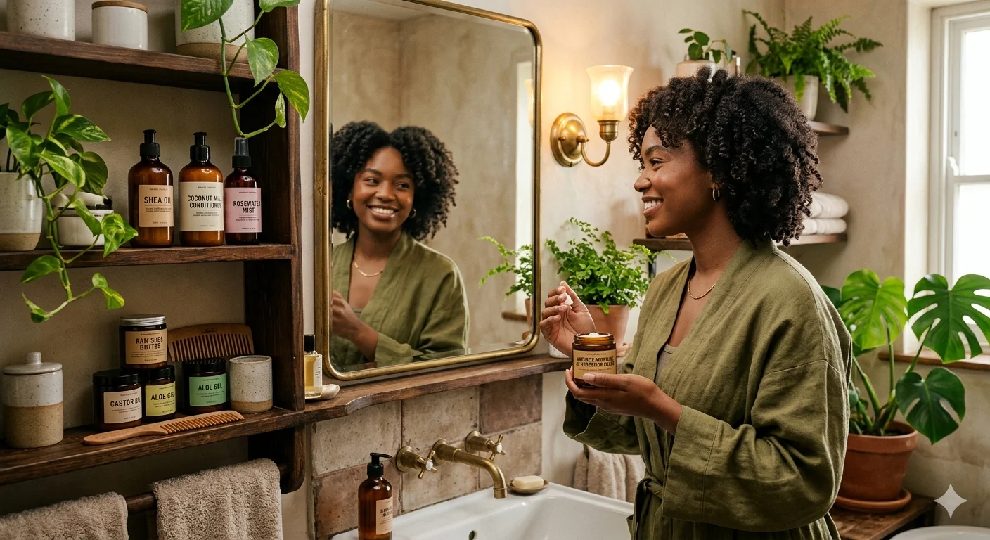 Woman styling healthy natural curls during a sofnfreenaturals.comReview inspired retro hair care routine