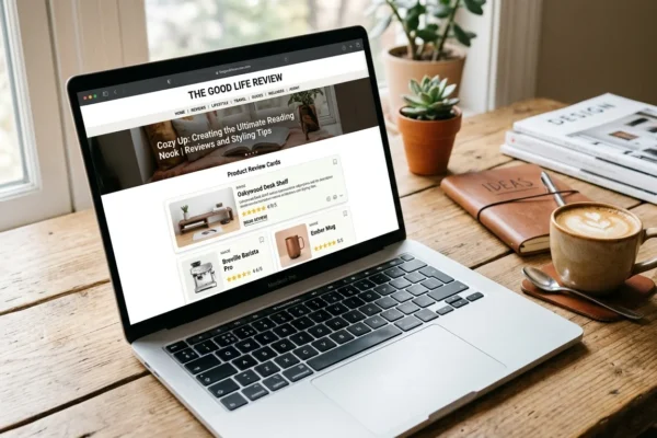 thegoodlifereview.com review page shown on laptop screen with lifestyle articles and product insights in a modern workspace setting