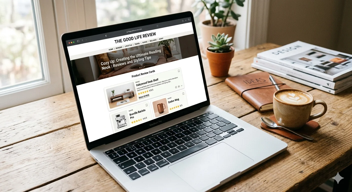 thegoodlifereview.com review page shown on laptop screen with lifestyle articles and product insights in a modern workspace setting