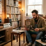 trulysvinyl.com review featuring a vintage vinyl collector exploring rare records in a retro music room