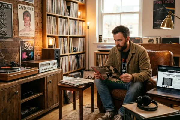 trulysvinyl.com review featuring a vintage vinyl collector exploring rare records in a retro music room