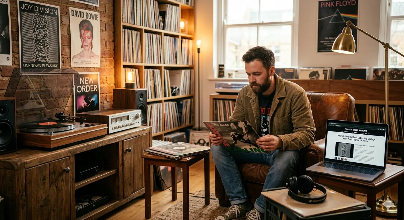 trulysvinyl.com review featuring a vintage vinyl collector exploring rare records in a retro music room