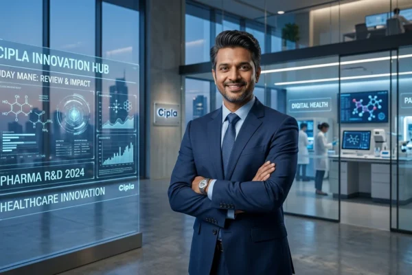Uday Mane Cipla review featuring a professional look with retro hairstyle in a modern healthcare setting.