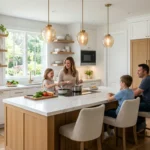 Modern smart kitchen inspired by vanboxelkitchen.com with quartz counters, warm lighting, and hidden storage solutions