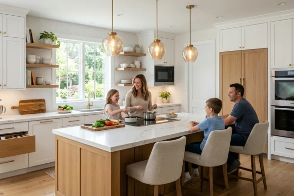 Modern smart kitchen inspired by vanboxelkitchen.com with quartz counters, warm lighting, and hidden storage solutions