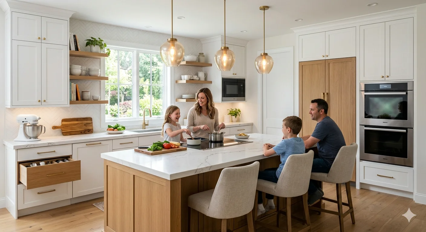 Modern smart kitchen inspired by vanboxelkitchen.com with quartz counters, warm lighting, and hidden storage solutions