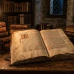 An open ancient Latin manuscript with illuminated text lies on a wooden desk, lit by a single candle. Stacks of old books, a quill in an inkwell, and a dark medieval room complete the setting.