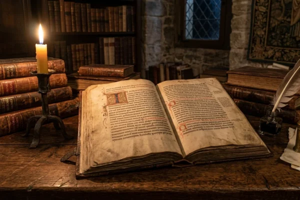 An open ancient Latin manuscript with illuminated text lies on a wooden desk, lit by a single candle. Stacks of old books, a quill in an inkwell, and a dark medieval room complete the setting.
