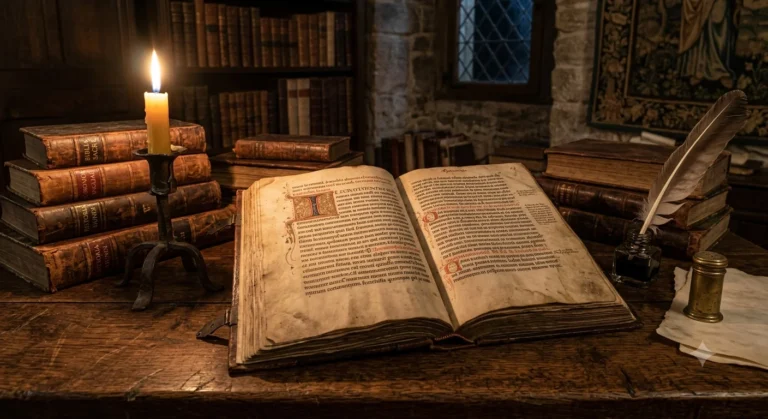An open ancient Latin manuscript with illuminated text lies on a wooden desk, lit by a single candle. Stacks of old books, a quill in an inkwell, and a dark medieval room complete the setting.