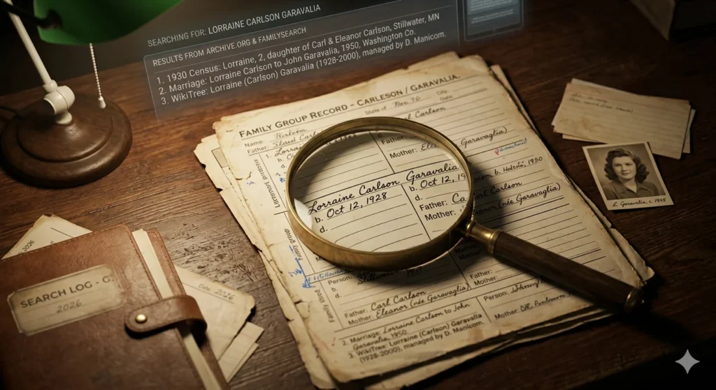 Lorraine Carlson Garavalia shown in a genealogy archive search concept with historical family records and document background