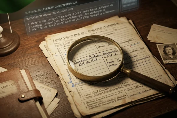 Lorraine Carlson Garavalia shown in a genealogy archive search concept with historical family records and document background
