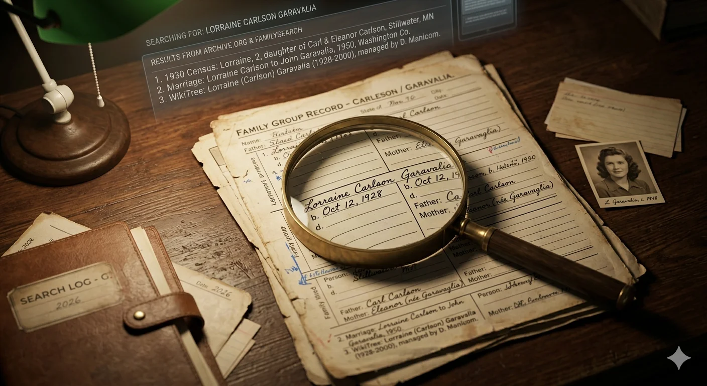 Lorraine Carlson Garavalia shown in a genealogy archive search concept with historical family records and document background
