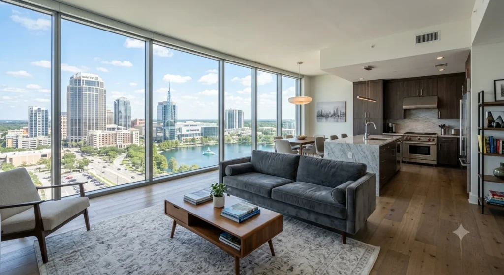 Bright, modern apartment with floor-to-ceiling windows overlooking the Orlando skyline and Lake Eola. Features a gray velvet sofa, wooden floors, and a luxury open kitchen with a marble island.