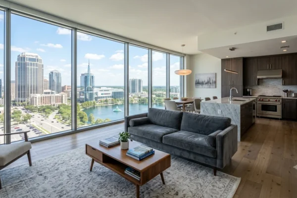 Bright, modern apartment with floor-to-ceiling windows overlooking the Orlando skyline and Lake Eola. Features a gray velvet sofa, wooden floors, and a luxury open kitchen with a marble island.