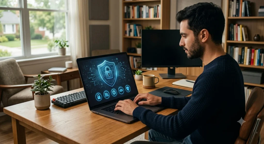 A man works on a laptop at a wooden desk with a blue glowing shield and padlock security icon on the screen. He is in a home office with a window and bookshelves
