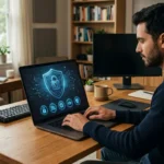 A man works on a laptop at a wooden desk with a blue glowing shield and padlock security icon on the screen. He is in a home office with a window and bookshelves