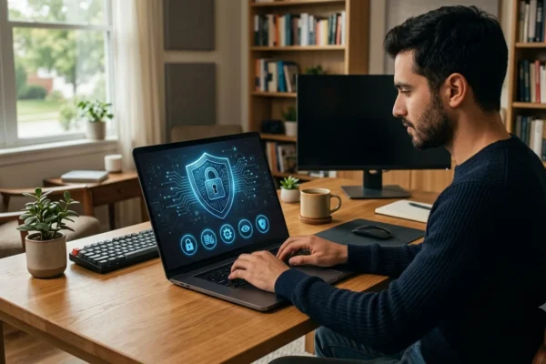 A man works on a laptop at a wooden desk with a blue glowing shield and padlock security icon on the screen. He is in a home office with a window and bookshelves